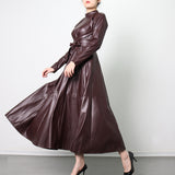 Women Dresses Spring New Stand Collar Long Sleeve Leather Skirt Dress (Qymy0409)