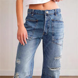 Women's pants: in-stock european & american retro distressed straight-leg jeans, casual patchwork long pants, loose-fit denim for women