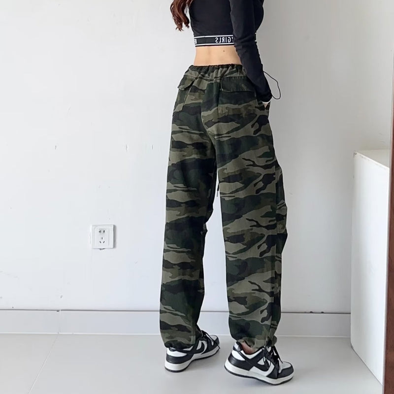 Women Sweatpants Autumn Vintage Camouflage Printed Overalls Loose-Fitting Wide-Leg Trousers