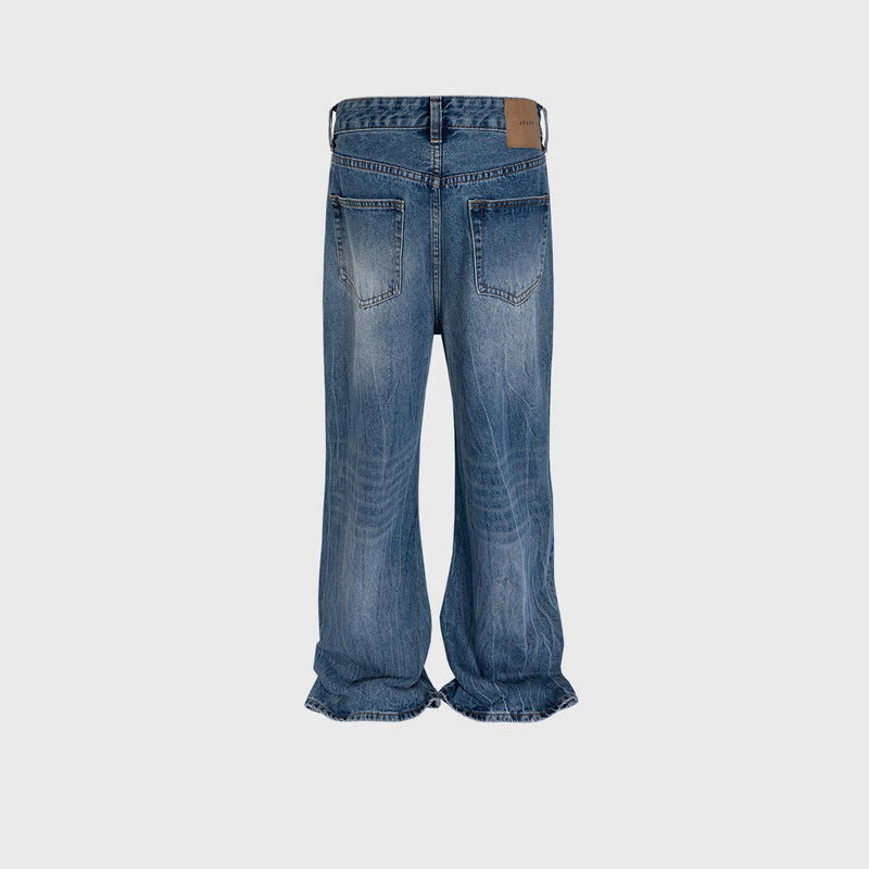 MIJKO Mens Vintage Pants Hollow Cat Claw Wide Feet Blue Denim