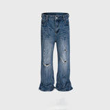 MIJKO Mens Vintage Pants Hollow Cat Claw Wide Feet Blue Denim