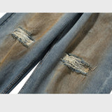 MIJKO Mens Vintage Pants Ripped Straight Old Jeans