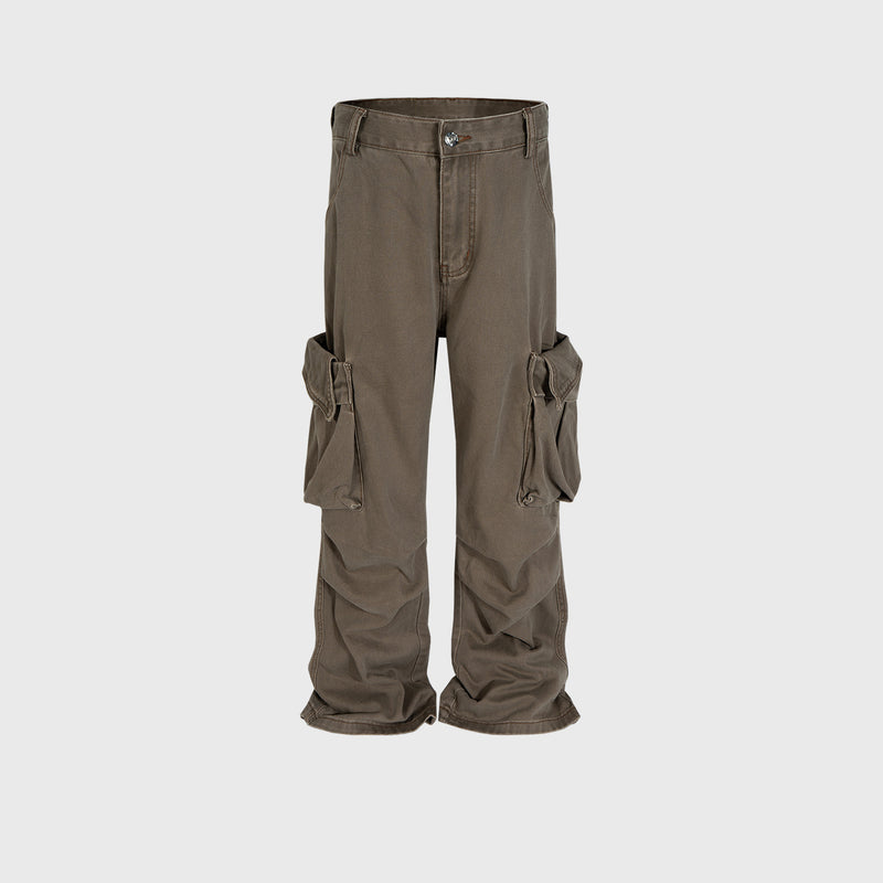 MIJKO Mens Vintage Pants Wide-footed Brown Jeans