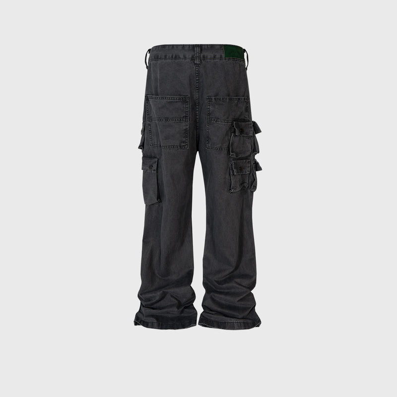 MIJKO Mens Vintage Pants Multi Pocket Wide Feet Cool Jeans