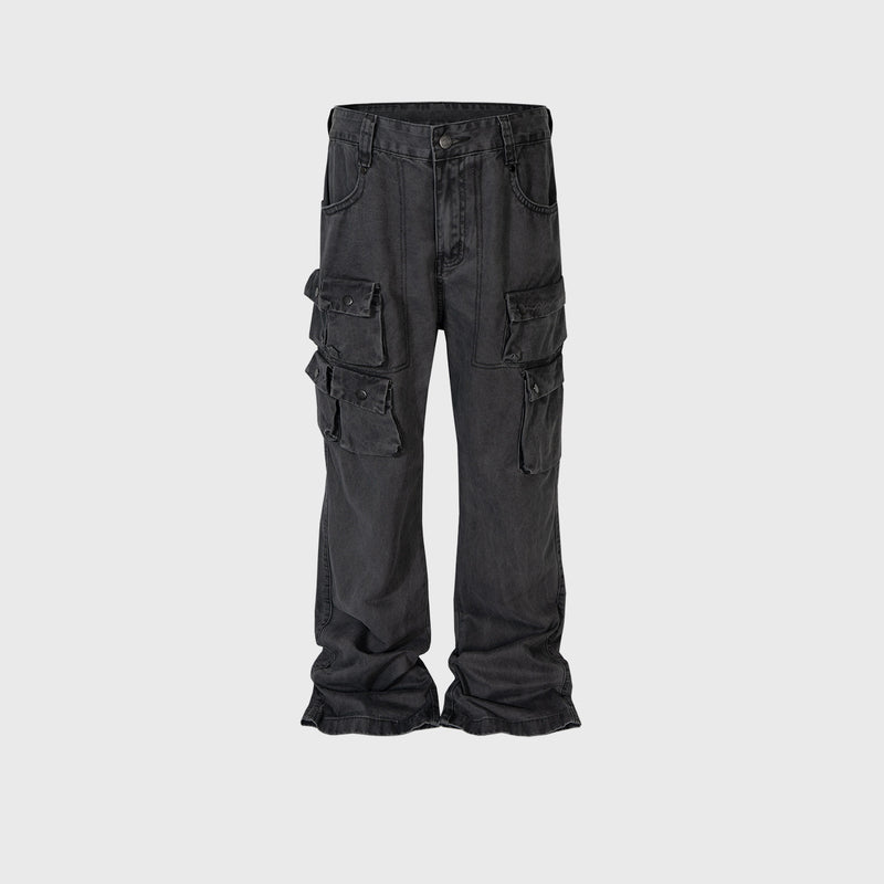 MIJKO Mens Vintage Pants Multi Pocket Wide Feet Cool Jeans