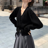 Women Knitted Cardigan Black V-neck Sweater Cardigan Long Sleeve Knitted Jacket