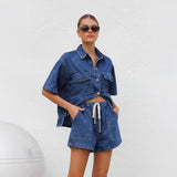 Women's pants: european and american cross-border retro casual loose-fit short-sleeve shirt and shorts denim two-piece set - women's spring/summer collection