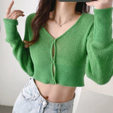 Women Sweater Knitwear Mohair Micro-Transparent Knitted Cardigan Spring Sexy V-neck Short Single-Breasted Top