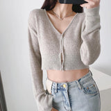 Women Sweater Knitwear Mohair Micro-Transparent Knitted Cardigan Spring Sexy V-neck Short Single-Breasted Top