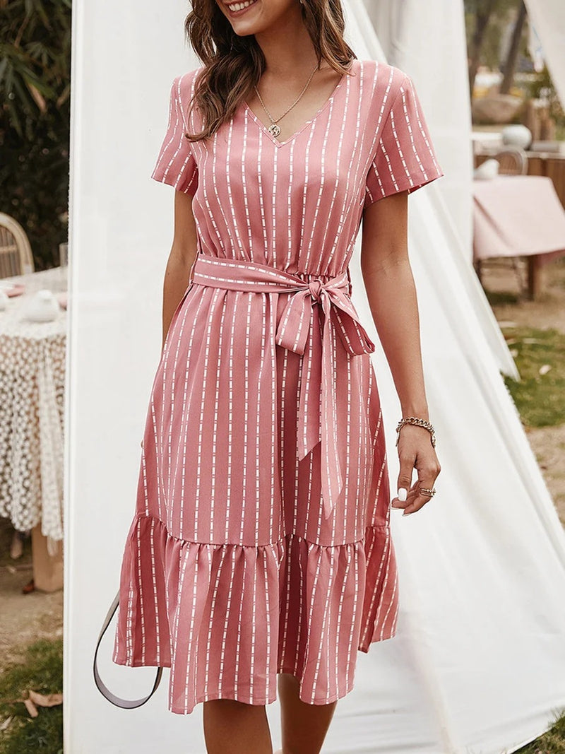 Beth Dutton Wardrobe Summer Short Sleeve Waist-Controlled Lace-up Women's Midi Dress