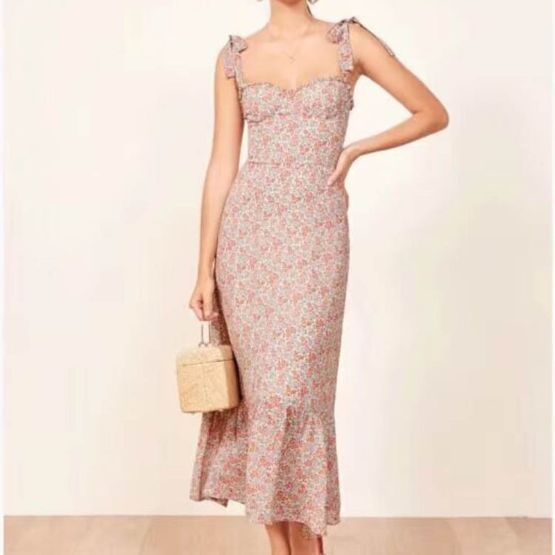 Women Dresses Summer Vintage Small Floral Slim-Fit Suspenders Dress (Xds0414)