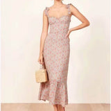 Women Dresses Summer Vintage Small Floral Slim-Fit Suspenders Dress (Xds0414)