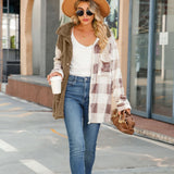 Women Trench Coat Autumn and Winter Leisure Long Sleeve Lapel Color-Contrast Check Single-Breasted Knitted Jacket