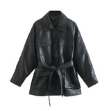 Women Leather Jacket Autumn Locomotive Jacket Mid-Length Retro Oversize Baggy Coat