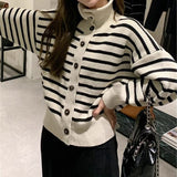 Women Knitted Cardigan Turtleneck Coat Autumn and Winter Striped Knitted Sweater