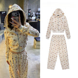 Ashley williams all-over deer print hooded sweatshirt zipper cardigan hot girl high waistoutwearsuit sweatpants