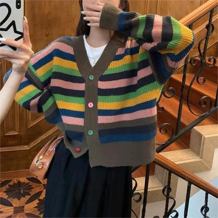 Women Knitwear Autumn and Winter Striped V-neck Sweater Wide Soft Knitted Cardigan