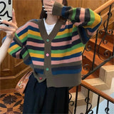 Women Knitwear Autumn and Winter Striped V-neck Sweater Wide Soft Knitted Cardigan