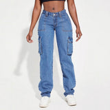 Women's pants: cross-border e-commerce american retro mid-rise multi-pocket cargo jeans, women's casual straight-leg trousers