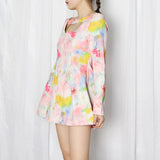 Women Dresses Spring Square Collar Long Sleeve Umbrella Skirt Short Dress Qymy0409)
