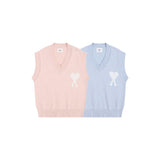 Ami heartfelt autumn/winter loose-fit versatile knit vest - blue & pink jacquard v-neck cardigan - couple's style for women