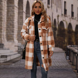 Women Trench Coat Autumn Lapel Long Sleeve Loose Plaid Single Breasted Long Plush Casual Coat