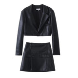 Women Leather Jacket Autumn Lapel Short Pu Leather Coat High Waist Hip-Wrapped Skirt