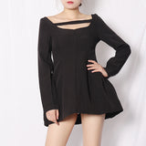 Women Dresses Spring Square Collar Long Sleeve Umbrella Skirt Short Dress Qymy0409)