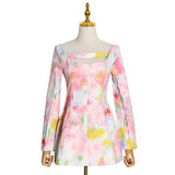 Women Dresses Spring Square Collar Long Sleeve Umbrella Skirt Short Dress Qymy0409)