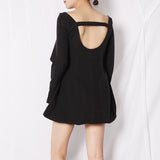 Women Dresses Spring Square Collar Long Sleeve Umbrella Skirt Short Dress Qymy0409)