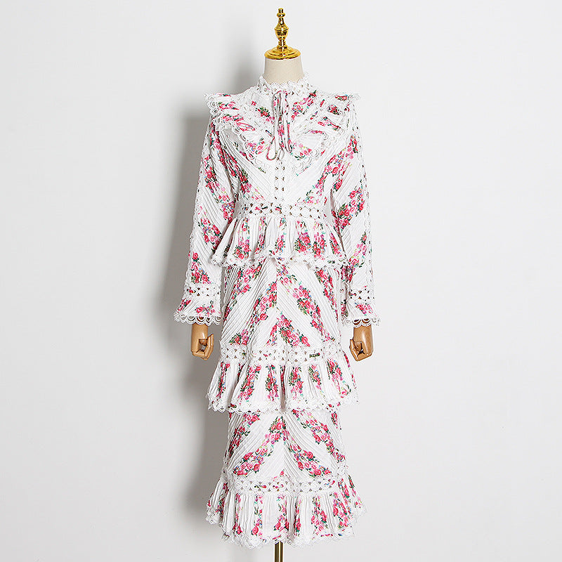 Women Dresses Spring Vintage Stand Collar Pleated Long Sleeve Dress (Qymy0409)