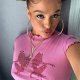 Women T-shirt Summer round Neck Midriff-Baring Rhinestone T-shirt