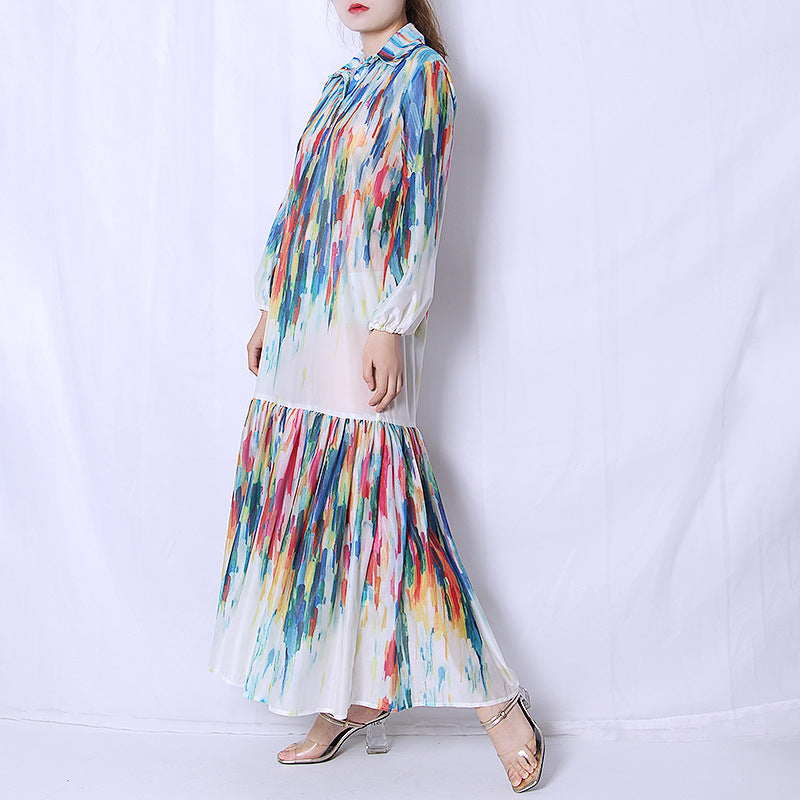 Women Dresses Spring Tie-Dyed Long Sleeve Lapel Loose Dress (Qymy0409)
