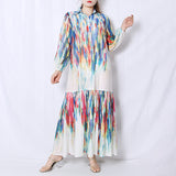 Women Dresses Spring Tie-Dyed Long Sleeve Lapel Loose Dress (Qymy0409)