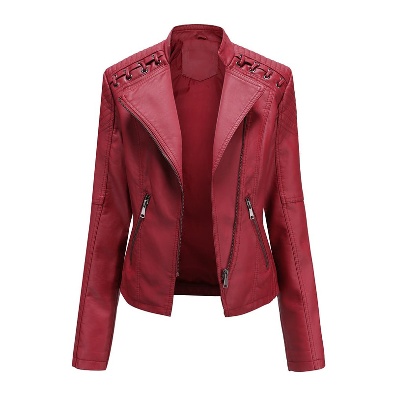 Red Leather Jacket Spring and Autumn Women's Leather Jacket Women's Short Jacket