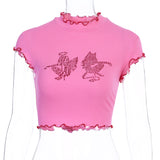 Women T-shirt Summer round Neck Midriff-Baring Rhinestone T-shirt