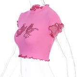 Women T-shirt Summer round Neck Midriff-Baring Rhinestone T-shirt