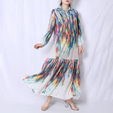 Women Dresses Spring Tie-Dyed Long Sleeve Lapel Loose Dress (Qymy0409)