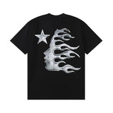 Hip-hop t-shirts: spring/summer high street trendy short-sleeve starry sky flame letter embossed portrait print tee