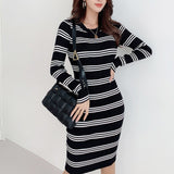 Women Maxi Dress Autumn and Winter Striped Sheath Long Sleeve Knitted Dress