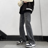 Men Jeans Loose Straight Hiphop Draping Rivet Overalls