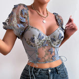 Women Party Tops Halter Perspective Butterfly Embroidered Suspender Mesh Vest