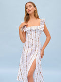 Robe Bridgerton Linen Floral Sleeveless Dress Waist-Tight Dress