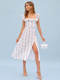 Robe Bridgerton Linen Floral Sleeveless Dress Waist-Tight Dress