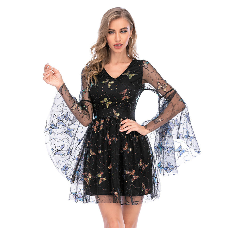 Women's Evening Gown Sexy Retro Mesh Long Sleeve Sequins Dress
