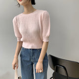 Women Knitted T-shirt Summer Knitted Top Short T-shirt