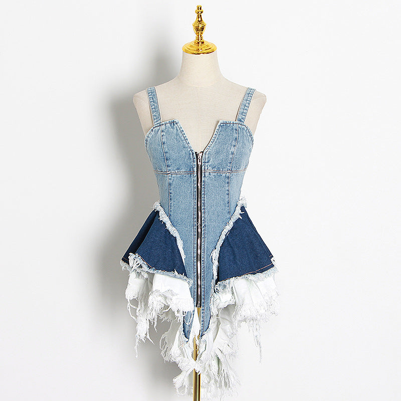 Women Dresses Summer Sexy Denim Zipper Dress (Qymy0409)