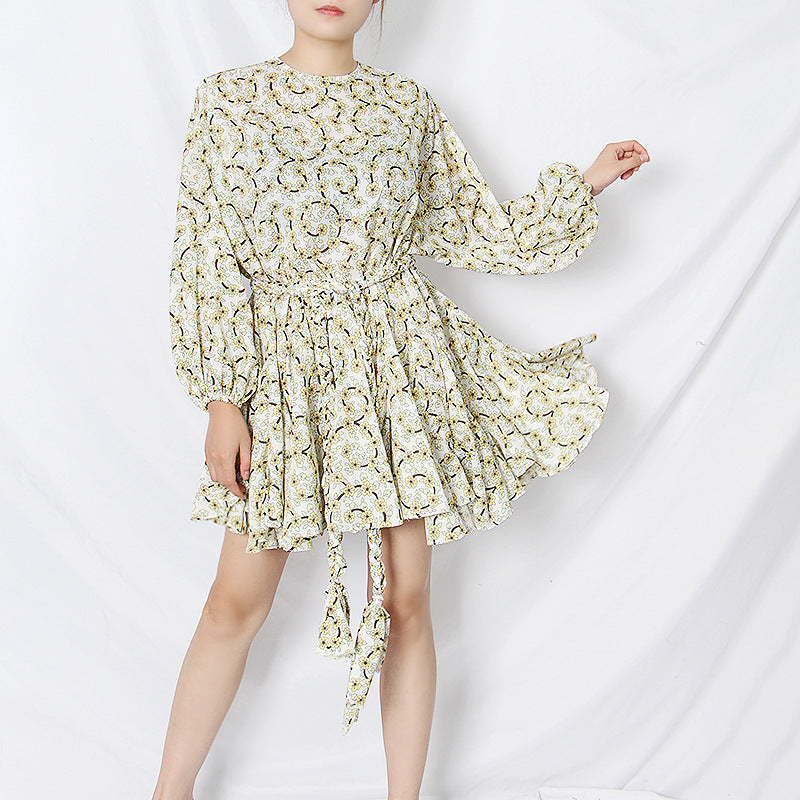 Women Dresses Spring Vintage Printed round Neck Puff Sleeve Dress (Qymy0409)