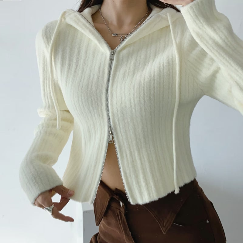 Women Sweater Knitwear Cropped Hoodie Knitted Cardigan Sweater Women's Autumn Navel Zipper Coat Top