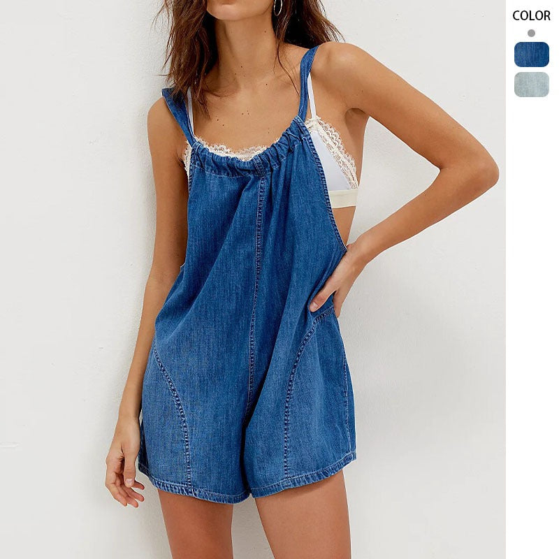 Women's pants: cross-border summer amazon fashion pocket suspender adjustable tie-up loose denim jumpsuit
